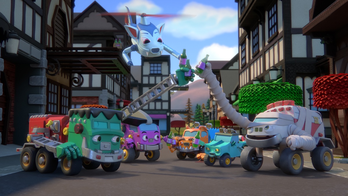 (L-R) Tru Valentino as Bolts Frankenstein, Cal Brady as Sonnie Dracula, Grace Lu as Axyl Bride, Matt Lowe as Sweeps Wolfman, Sandra Saad as Gill E. Creature, and Chester Rushing as Wraps Stretcher